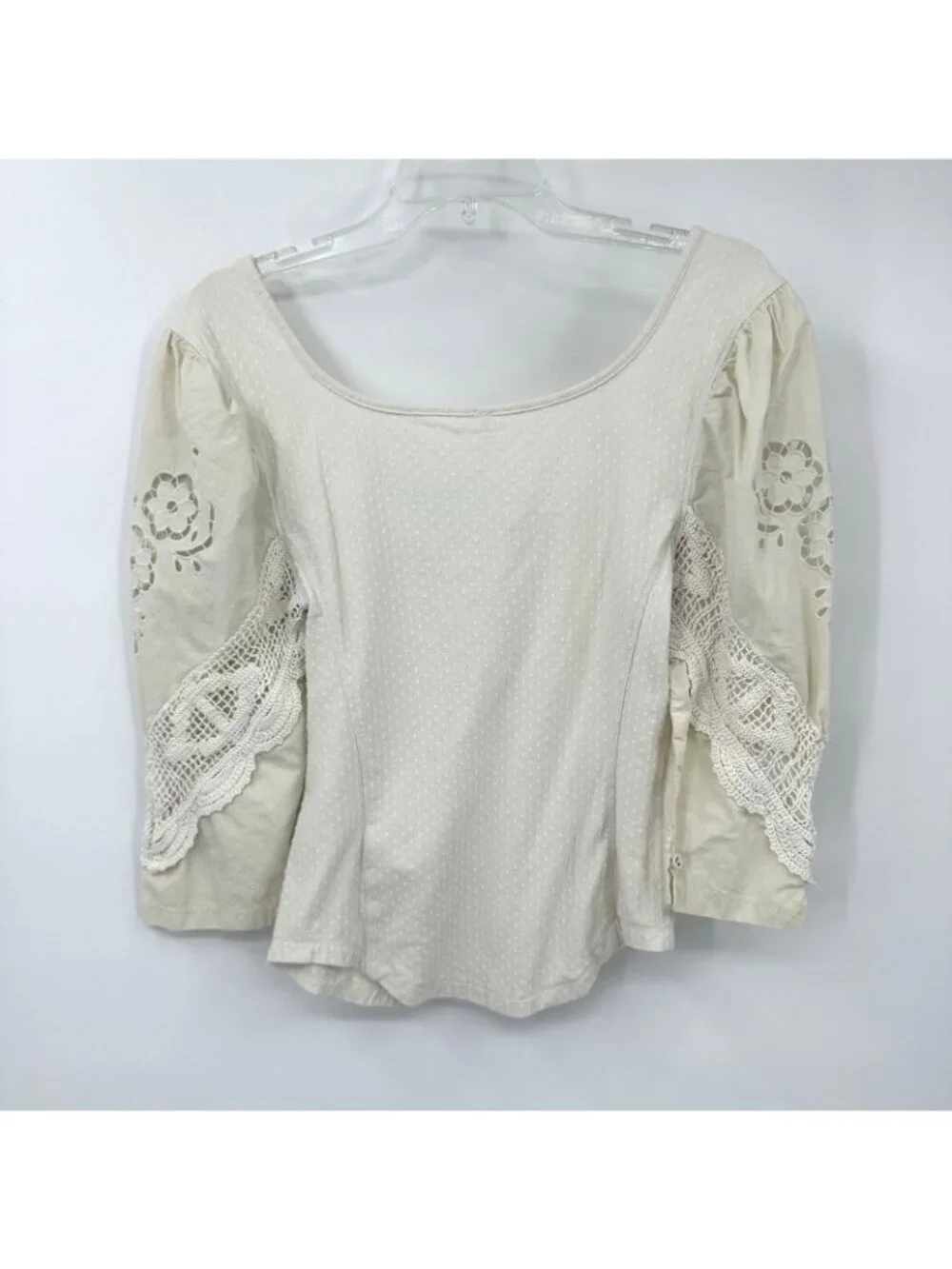 FREE PEOPLE shirt top brunch date ivory MEDIUM puff sleeve crochet boho cropped